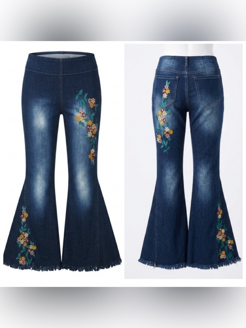 Judith March Dark Wash High Rise Floral Embroidered Denim Flare Jeans Large